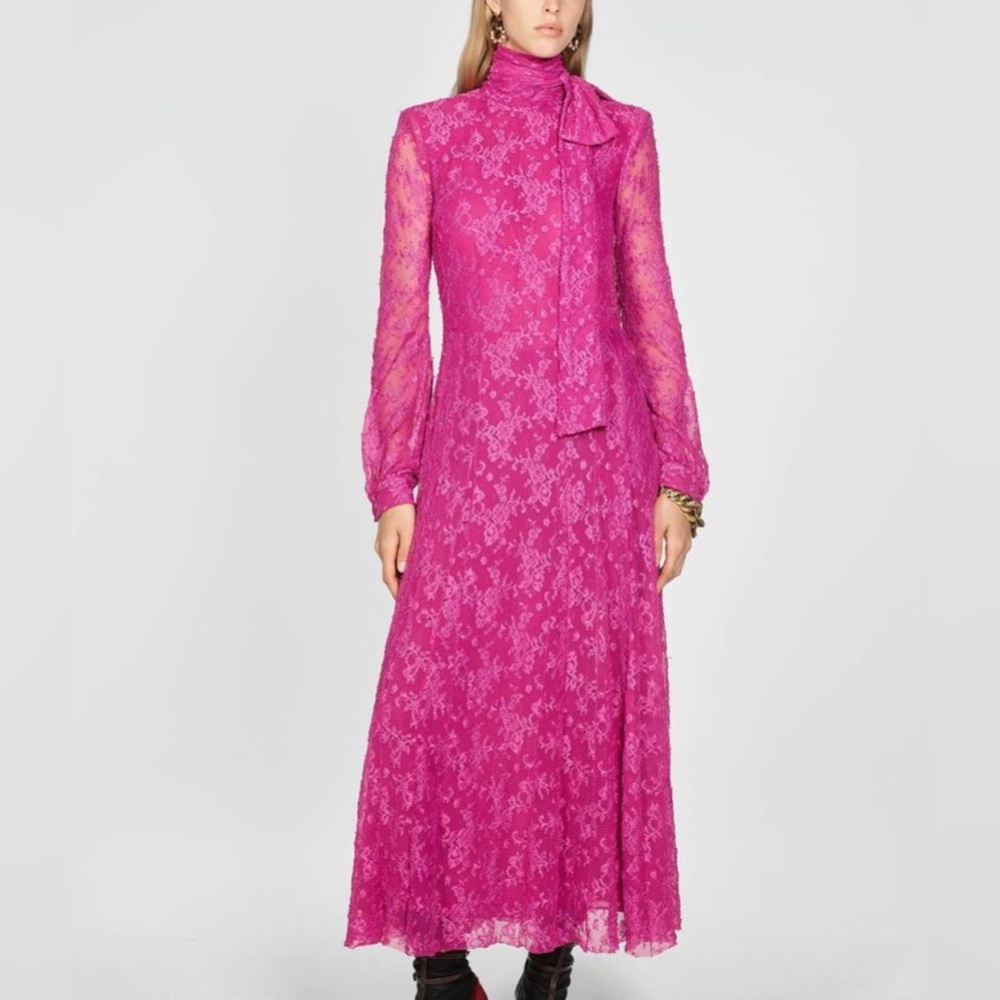 Zara Bright Fuchsia Lace Long-Sleeve Maxi Dress with Neck Tie